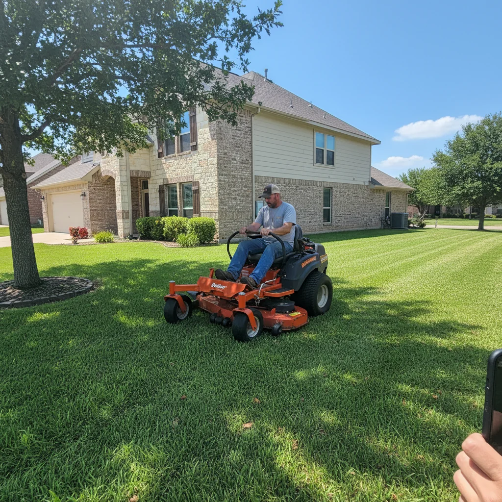 Lawn care crew mowing a freshly cut Austin Texas residential lawn